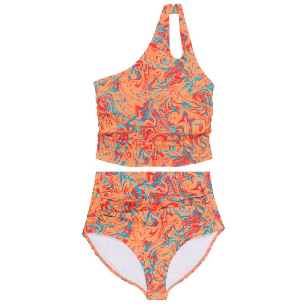 SwimZip Tankini & Bottoms Retro XL One Shoulder Top & High Waisted Bottoms 70s